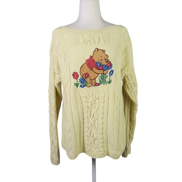 Vintage The Disney Store Winnie the Pooh yellow cable knit sweater L - Picture 1 of 5